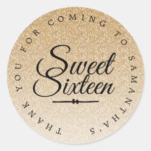Sweet 16 Gold Glitter Ombre Thank You Custom Name Classic Round Sticker