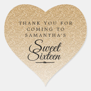 Sweet 16 Gold Glitter Ombre Thank You Custom Name Heart Sticker