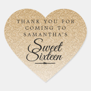 Sweet 16 Gold Glitter Ombre Thank You Custom Name Heart Sticker