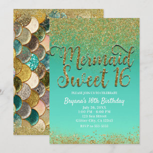 Sweet 16 Gold Glitter Teal Mermaid Birthday Party Invitation