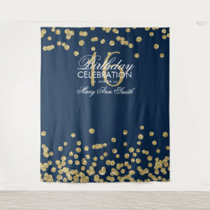 Sweet 16 Gold Navy Blue Glitter Confetti Backdrop Tapestry