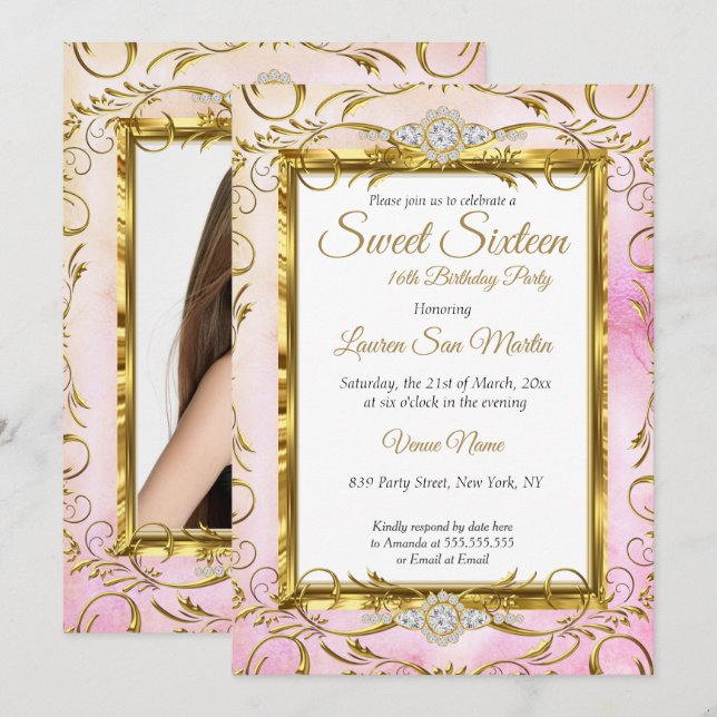 Sweet 16 Gold Pink Diamond Photo Birthday Party Invitation (Front/Back)