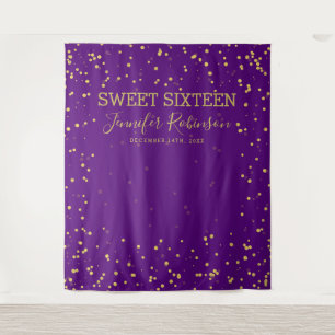 Sweet 16 Gold & Purple Glitter Dots Backdrop Tapestry