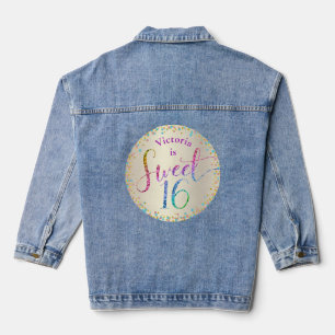 Sweet 16 Gold Rainbow Glitter Confetti Birthday Denim Jacket