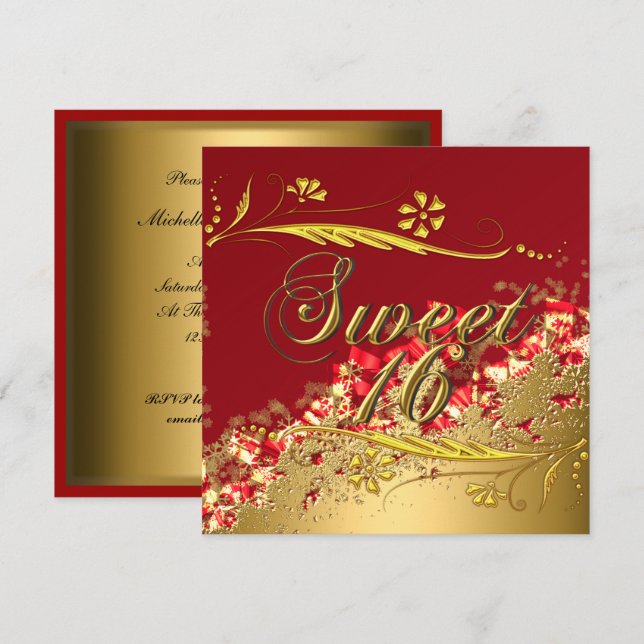 Sweet 16 Gold Red Elegant Invitation (Front/Back)