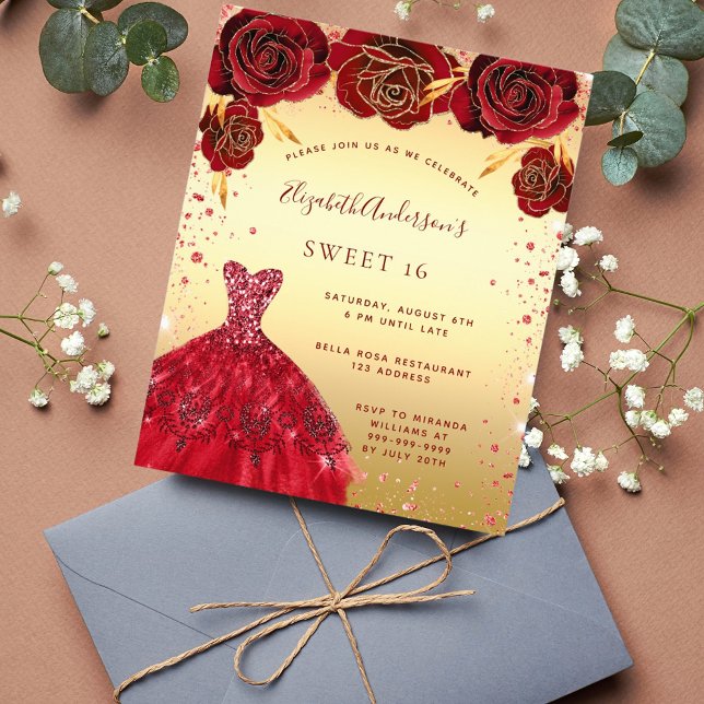 Sweet 16 gold red glitter dress budget invitation flyer (Creator Uploaded)