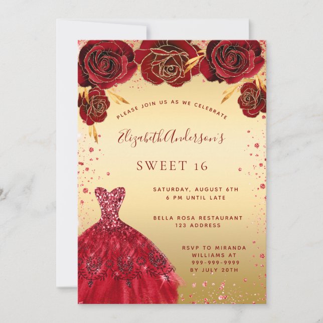 Sweet 16 gold red glitter dress glamourous invitation (Front)