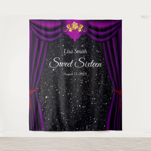 Sweet 16 Gold Rose Purple Curtain Black Glitter Tapestry (Front)
