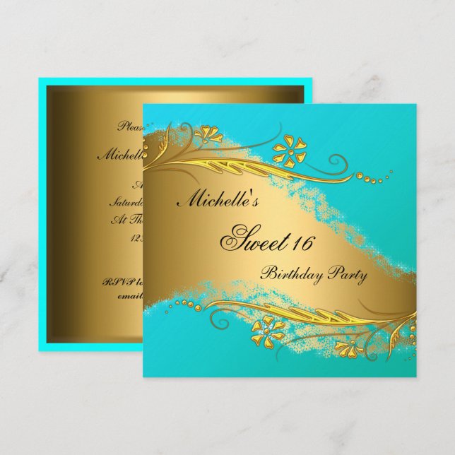 Sweet 16 Gold Teal Elegant Invitation (Front/Back)