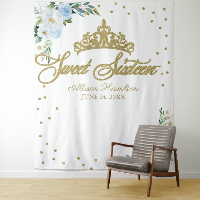 Sweet 16 Gold Tiara Blue Floral Backdrop Tapestry (In Situ)