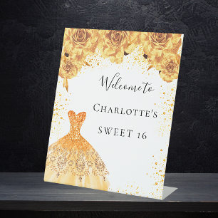 Sweet 16 gold white dress florals party welcome pedestal sign