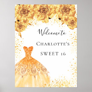 Sweet 16 gold white dress florals party welcome poster