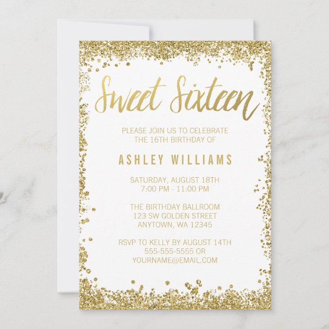 Sweet 16 Gold White Faux Glitter Birthday Invitation (Front)