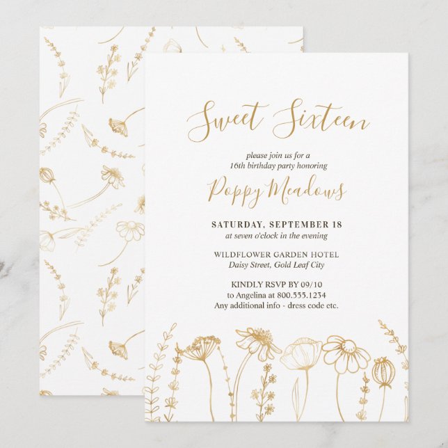 Sweet 16 Gold Wildflower Sketch 16th Birthday Invitation (Front/Back)