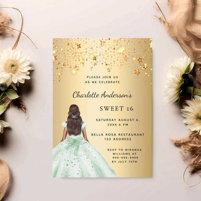 Sweet 16 greeb gold dress stars invitation (Creator Uploaded)