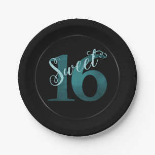 Sweet 16   Green and Black Watercolor Birthday Paper Plate