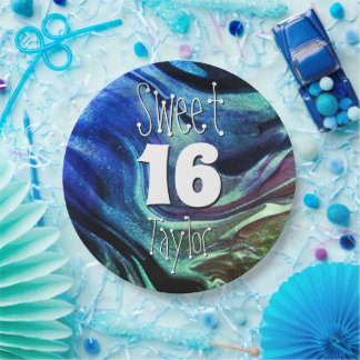 Sweet 16 Green & Blue Marble Personalized Paper Plate