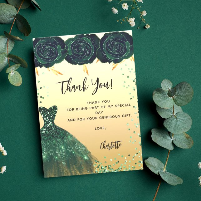 Sweet 16 green dress flowers thank you card (Creator Uploaded)