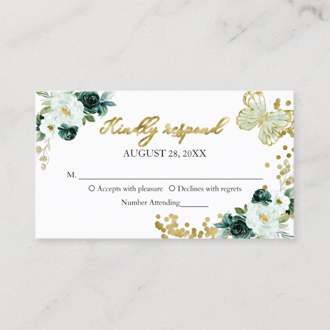 Sweet 16 Green Floral Butterfly RSVP Enclosure Business Card (Front)
