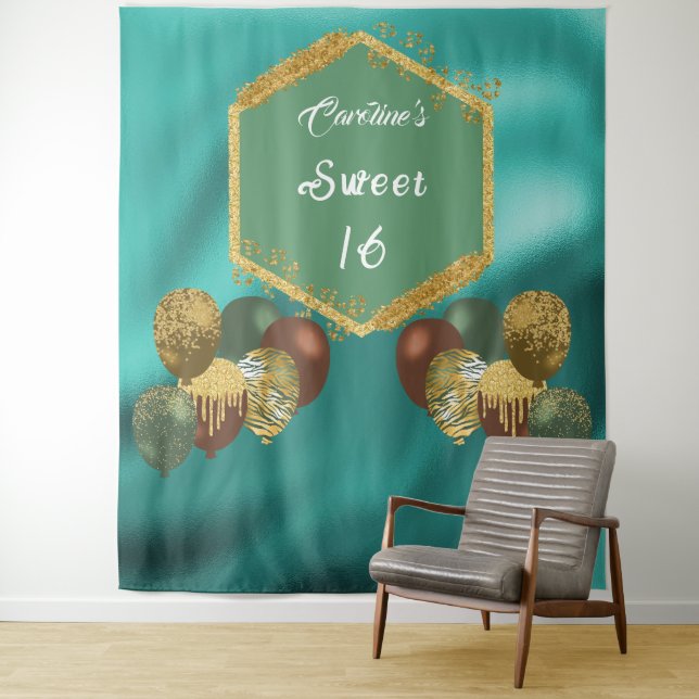 Sweet 16 Green Glitter & Glitter Party Balloons Tapestry (In Situ)