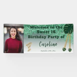 Sweet 16 Green Glitter, Heart Gems & Photo Banner