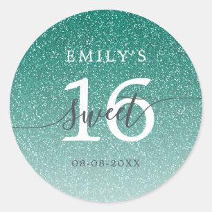 Sweet 16 Green Glitter Ombre Custom Name Date  Classic Round Sticker