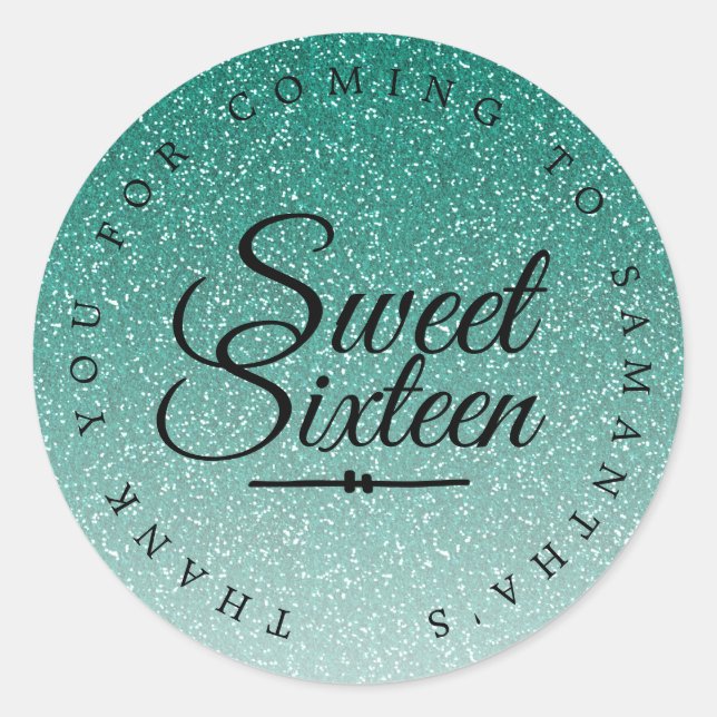 Sweet 16 Green Glitter Ombre Thank You Custom Name Classic Round Sticker (Front)