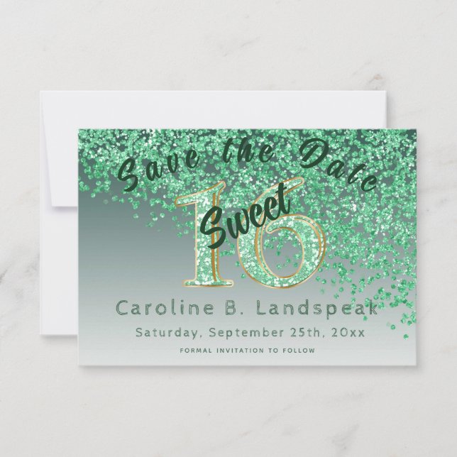 Sweet 16 Green Glitter Stylish Glitter Number 16 Save The Date (Front)