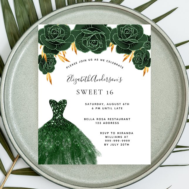 Sweet 16 green gold dress floral budget invitation (Creator Uploaded)