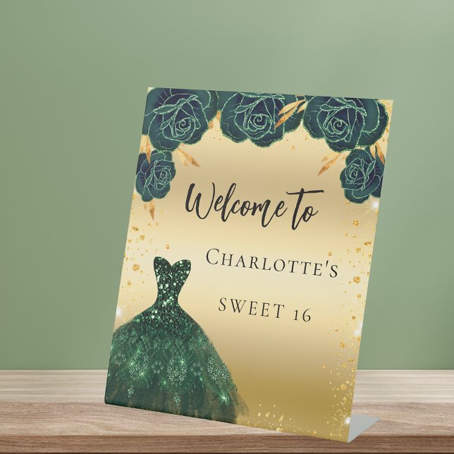 Sweet 16 green gold dress flowers welcome pedestal sign (Creator Uploaded)