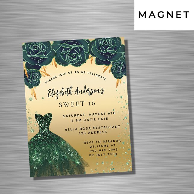Sweet 16 green gold dress roses magnet invitation (Creator Uploaded)