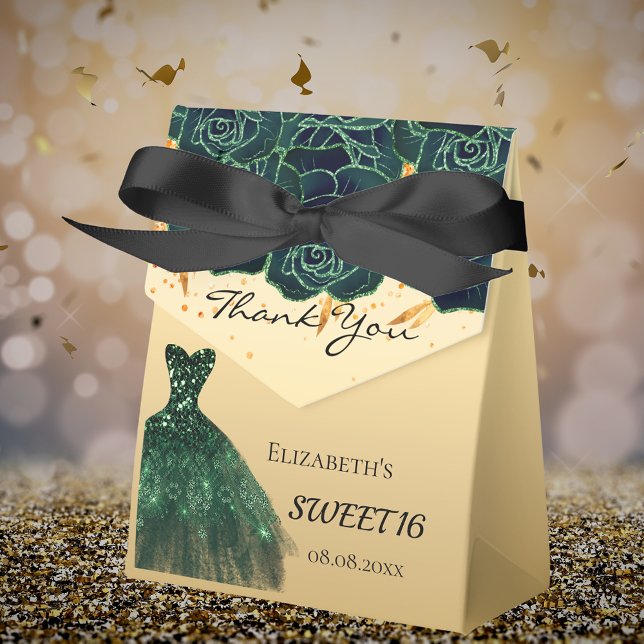 Sweet 16 green gold florals dress thank you favour box (Creator Uploaded)