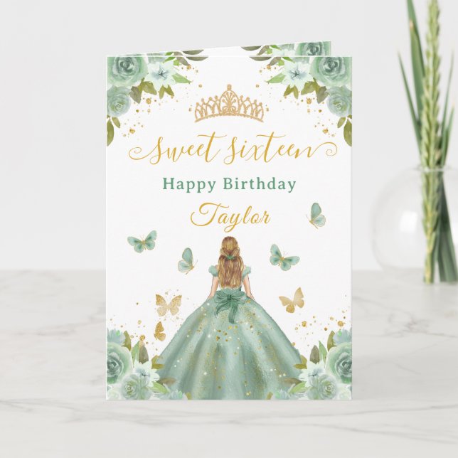 Sweet 16 Green Princess Blonde Girl Card (Front)