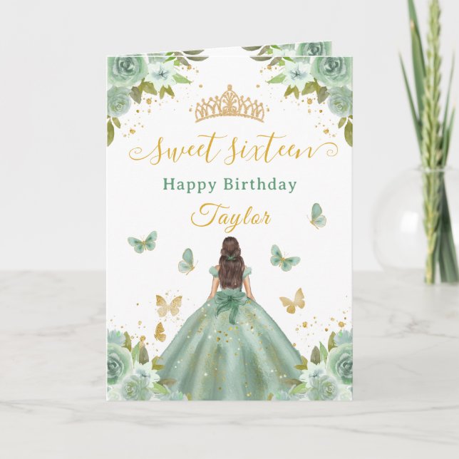 Sweet 16 Green Princess Brunette Girl Card (Front)