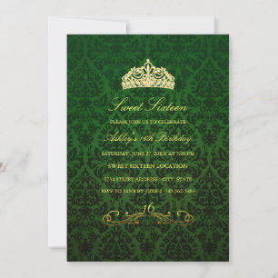 Sweet 16   Green Tiara & Damask Invitation
