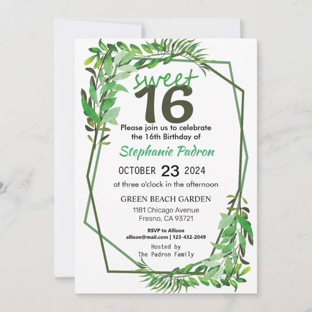 Sweet 16 Greenery Geometric Modern 16th Birthday Invitation (Front)