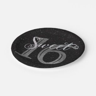 Sweet 16   Grey Grunge and Faux Silver Glitter Paper Plate