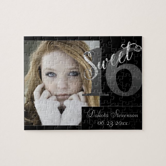 Sweet 16 | Grey Grunge Faux Silver Glitter Photo Jigsaw Puzzle (Horizontal)