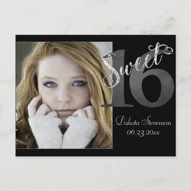 Sweet 16 | Grey Grunge Faux Silver Glitter Photo Postcard (Front)