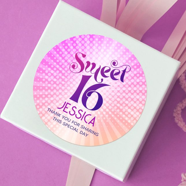 Sweet 16 Groovy Pink Orange Gradient Retro Boho Classic Round Sticker (Creator Uploaded)