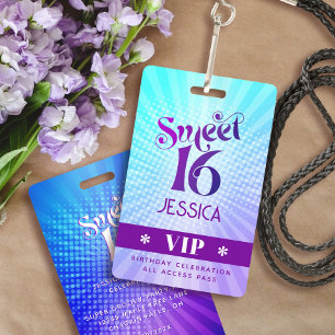 Sweet 16 Groovy Purple Blue Gradient Boho VIP Pass ID Badge