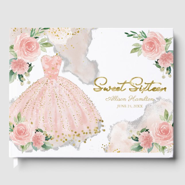 Sweet 16 Guest Book Blush Pink Gown Floral (Front)