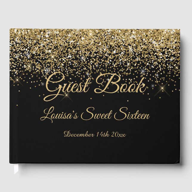 Sweet 16 Guest Book Elegant Black & Gold Glitter (Front)