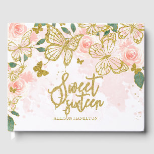 Sweet 16 Guest Book Gold Blush Butterfly Floral