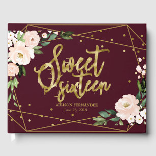 Sweet 16 Guest Book Gold Burgundy Blush Floral