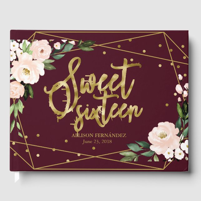 Sweet 16 Guest Book Gold Burgundy Blush Floral  (Front)