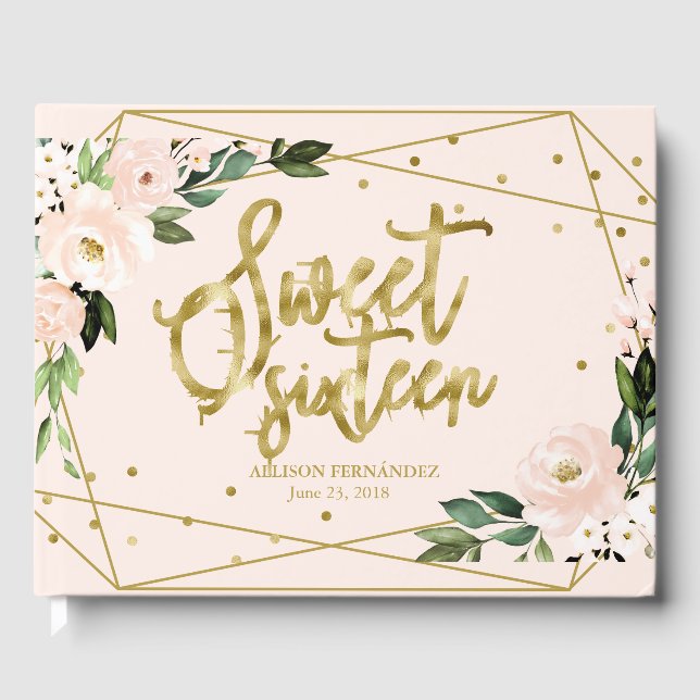 Sweet 16 Guest Book Gold Foil Blush Pink Floral  (Front)