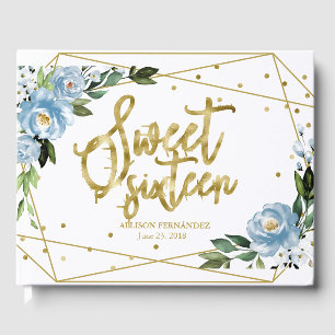 Sweet 16 Guest Book Gold Foil Dusty Blue Floral 