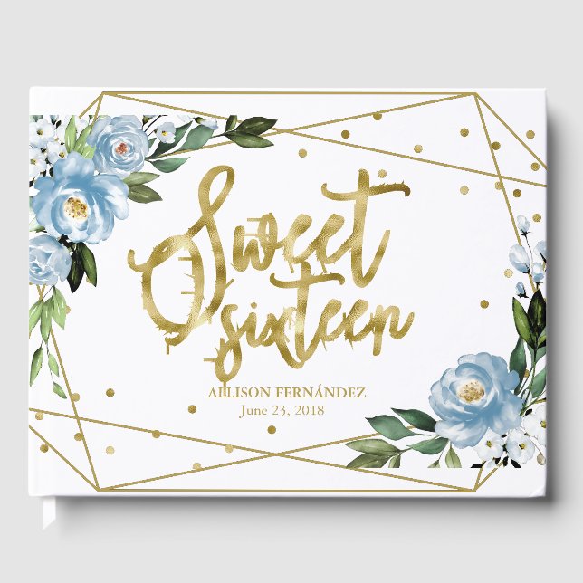 Sweet 16 Guest Book Gold Foil Dusty Blue Floral  (Front)