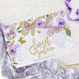 Sweet 16 Guest Book Gold Purple Butterfly Floral